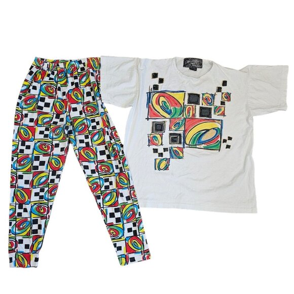 Vintage 80s 90s Streetwear Outfit Artwear Tunic Baggy Tshirt Checkered Set S/M/L - Picture 6 of 13